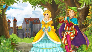 Ormanın yakınında güzel bir şatosu olan çizgi film doğa sahnesi.