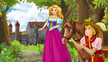 Ormanın yakınında güzel bir şatosu olan çizgi film doğa sahnesi.