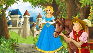 Ormanın yakınında güzel bir şatosu olan çizgi film doğa sahnesi.