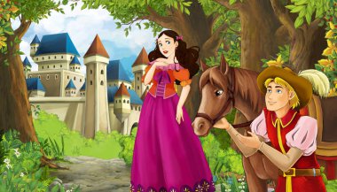 Ormanın yakınında güzel bir şatosu olan çizgi film doğa sahnesi.