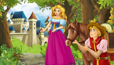 Ormanın yakınında güzel bir şatosu olan çizgi film doğa sahnesi.