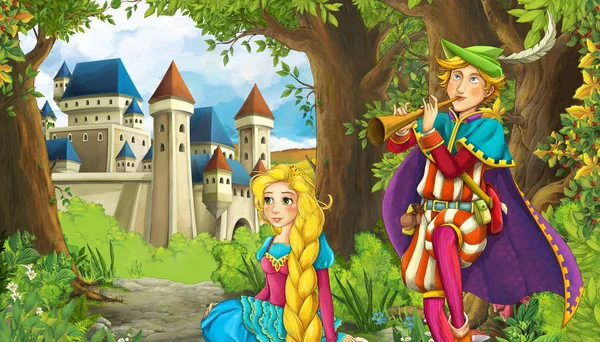 Cartoon nature scene with beautiful castle near the forest and p