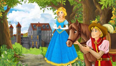 Ormanın yakınında güzel bir şatosu olan çizgi film doğa sahnesi.