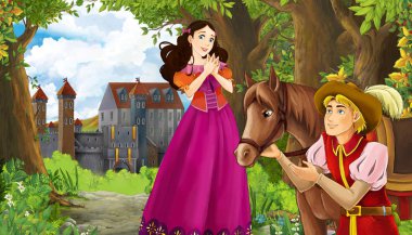 Ormanın yakınında güzel bir şatosu olan çizgi film doğa sahnesi.