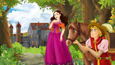 Ormanın yakınında güzel bir şatosu olan çizgi film doğa sahnesi.