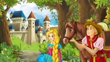 Ormanın yakınında güzel bir şatosu olan çizgi film doğa sahnesi.