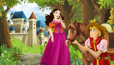 Ormanın yakınında güzel bir şatosu olan çizgi film doğa sahnesi.