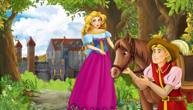 Ormanın yakınında güzel bir şatosu olan çizgi film doğa sahnesi.