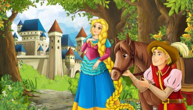 Ormanın yakınında güzel bir şatosu olan çizgi film doğa sahnesi.