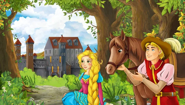 Cartoon nature scene with beautiful castle near the forest and p — 스톡 사진