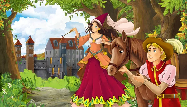 Cena da natureza dos desenhos animados com belo castelo perto da floresta e p — Fotografia de Stock