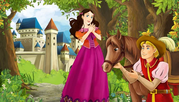 Cartoon-Natur-Szene mit schönen Schloss in der Nähe des Waldes und p — Stockfoto