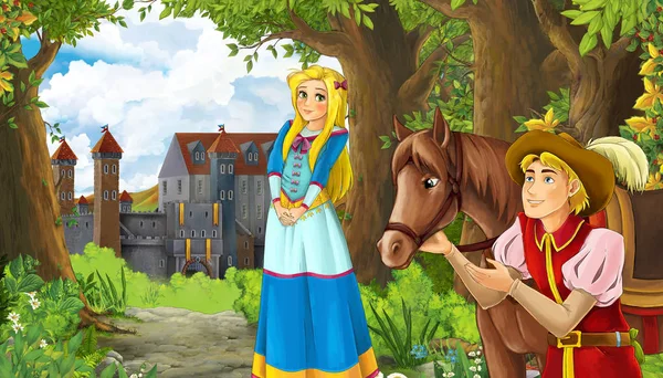 Cartoon natuur scene met prachtig kasteel in de buurt van het bos en p — Stockfoto