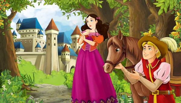 Cartoon-Natur-Szene mit schönen Schloss in der Nähe des Waldes und p — Stockfoto