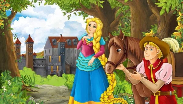 Cartoon nature scene with beautiful castle near the forest and p — 스톡 사진