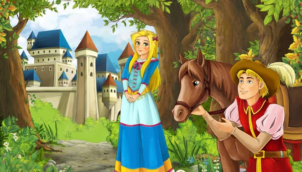 Cartoon nature scene with beautiful castle near the forest and p — 스톡 사진