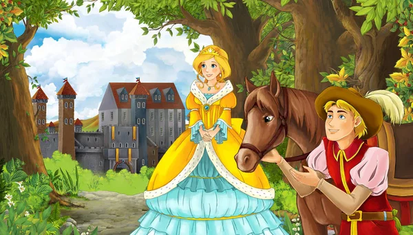 Cena da natureza dos desenhos animados com belo castelo perto da floresta e princesa — Fotografia de Stock