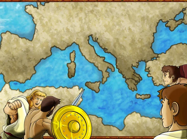 Cartoon map scene with greek or roman character or trader mercha — Stock Photo, Image