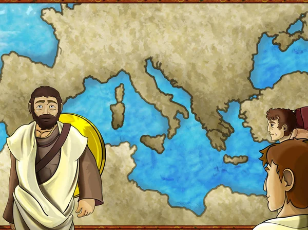 cartoon map scene with greek or roman character or trader mercha