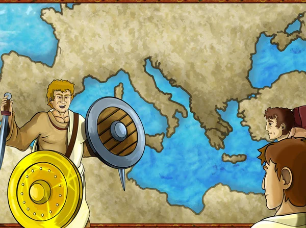 Kreskówki scena mapa z grecki lub rzymski charakter lub mercha handlowiec — Zdjęcie stockowe