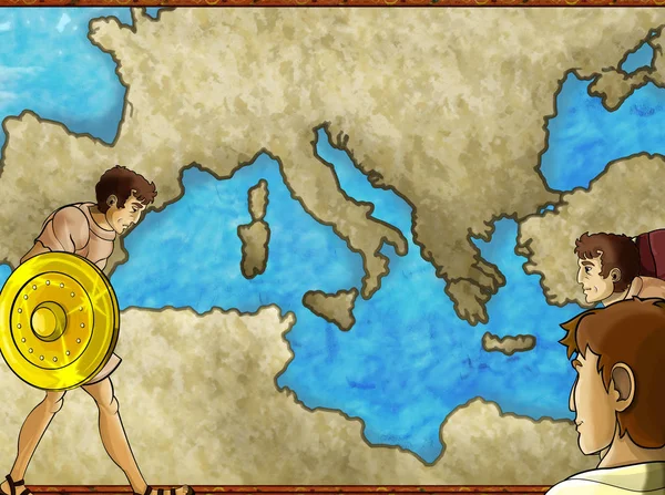 Yunan ya da Romalı karakter ya da tüccar mercha ile çizgi film sahnesi — Stok fotoğraf