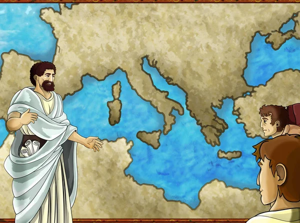 Adegan peta kartun dengan karakter Yunani atau Romawi atau mercha trader — Stok Foto