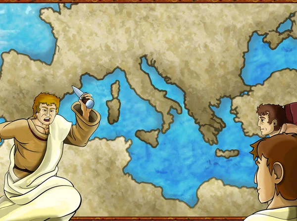 cartoon map scene with greek or roman character or trader mercha