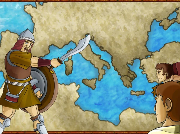 Mappa dei cartoni animati scena con personaggio greco o romano o commerciante mercha — Foto Stock