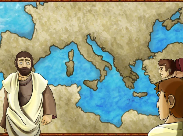 Cartoon map scene with greek or roman character or trader mercha — 스톡 사진