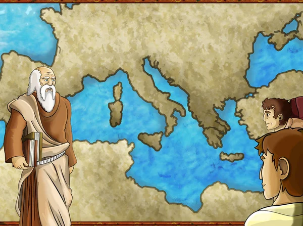 Cartoon map scene with greek or roman character or trader mercha — 스톡 사진