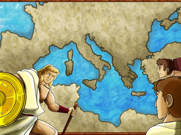 Kreskówki scena mapa z grecki lub rzymski charakter lub mercha handlowiec — Zdjęcie stockowe