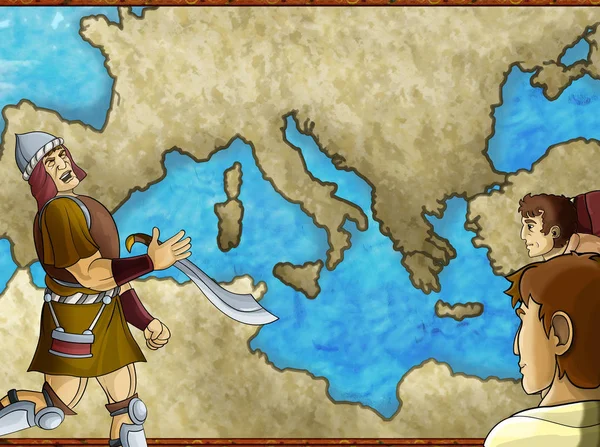Мультяшна сцена карти з грецьким або римським персонажем або торговцем мерча — стокове фото