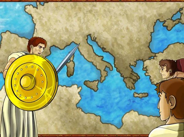 cartoon map scene with greek or roman character or trader mercha