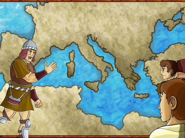 Мультяшна сцена карти з грецьким або римським персонажем або торговцем мерча — стокове фото