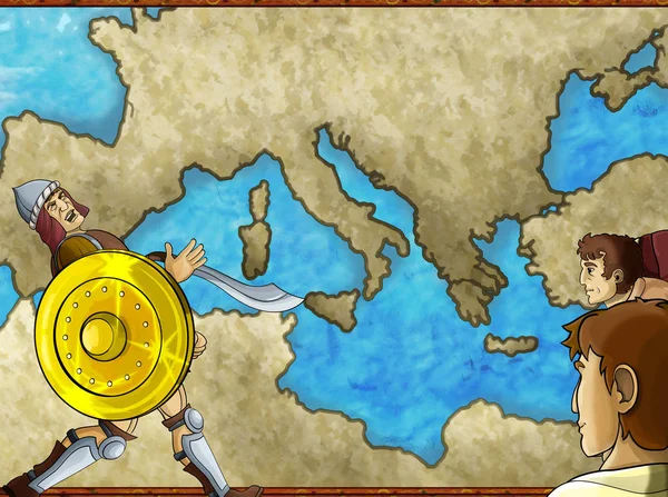 cartoon map scene with greek or roman character or trader mercha