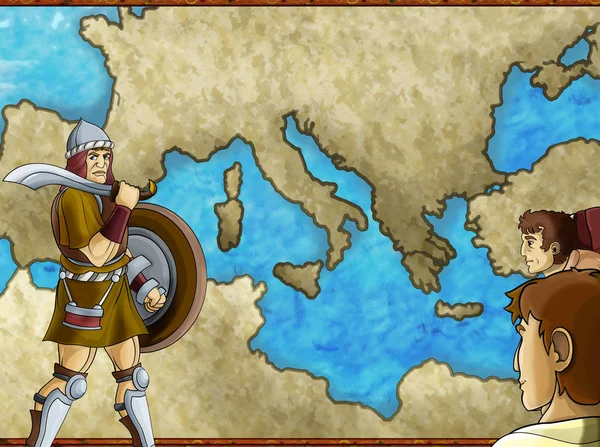 cartoon map scene with greek or roman character or trader mercha