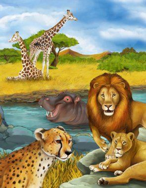 Nehirde, aslanda ve çitada yüzen hipopotamların olduğu çizgi film sahnesi