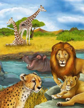 Nehirde, aslanda ve çitada yüzen hipopotamların olduğu çizgi film sahnesi