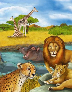 Nehirde, aslanda ve çitada yüzen hipopotamların olduğu çizgi film sahnesi