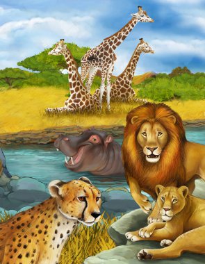 Nehirde, aslanda ve çitada yüzen hipopotamların olduğu çizgi film sahnesi