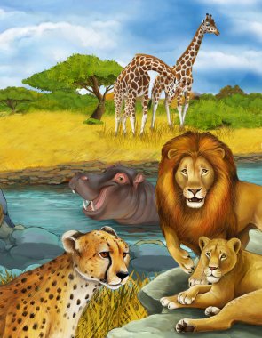 Nehirde, aslanda ve çitada yüzen hipopotamların olduğu çizgi film sahnesi