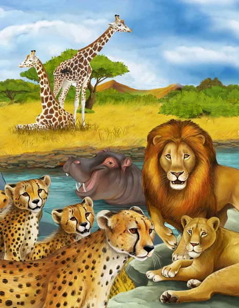 Cartoon scene with hippopotamus hippo swimming in river and lion and cheetah — Stock Photo, Image