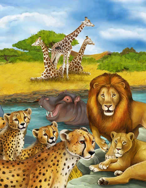 Cartoon scene met nijlpaard nijlpaard zwemmen in rivier en leeuw en cheeta — Stockfoto