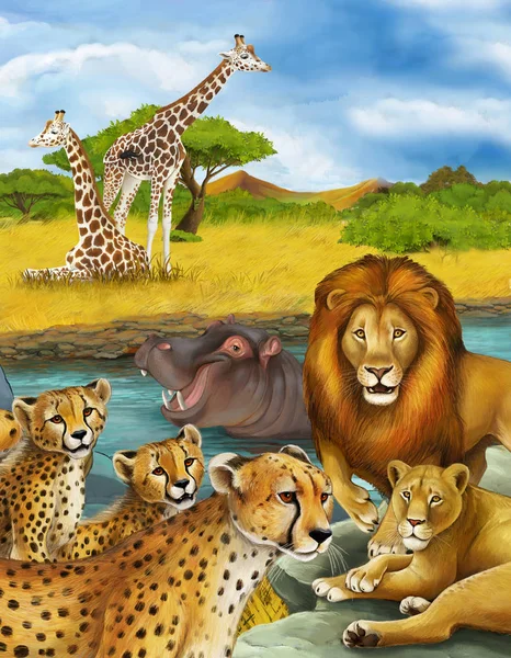 Scena dei cartoni animati con ippopotamo ippopotamo nuotare nel fiume e leone e ghepardo — Foto Stock