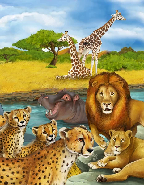 Cartoon scene met nijlpaard nijlpaard zwemmen in rivier en leeuw en cheeta — Stockfoto