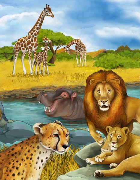 Cena dos desenhos animados com hipopótamo hipopótamo nadando no rio e leão e chita — Fotografia de Stock