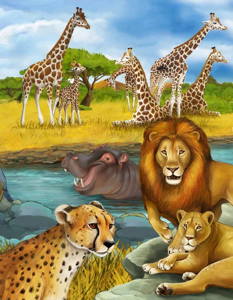 与河马、狮子和猎豹共游的卡通场景 — 图库照片