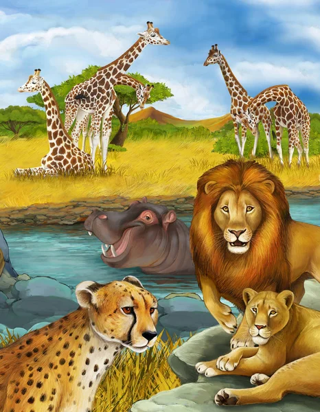 cartoon scene with hippopotamus hippo swimming in river and lion and cheetah