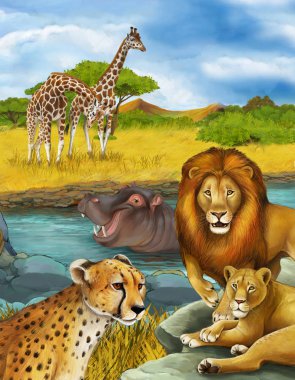 Nehirde, aslanda ve çitada yüzen hipopotamların olduğu çizgi film sahnesi