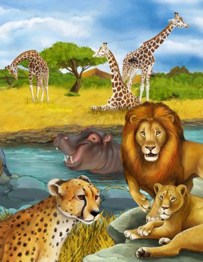 Nehirde, aslanda ve çitada yüzen hipopotamların olduğu çizgi film sahnesi